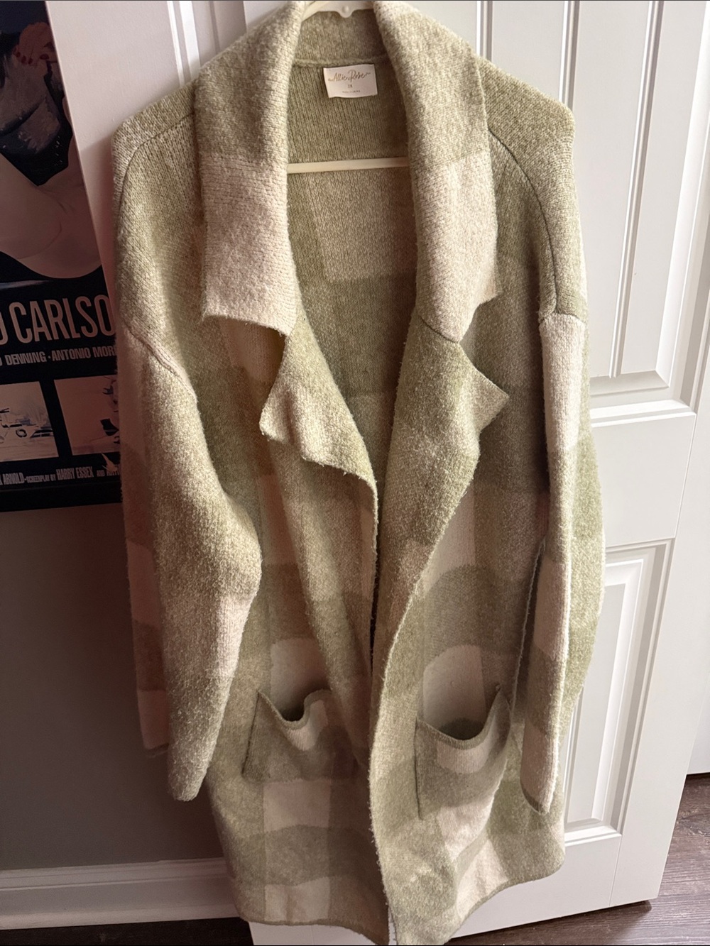 Allie Rose Cream and Sage Check Open-Front Cardigan